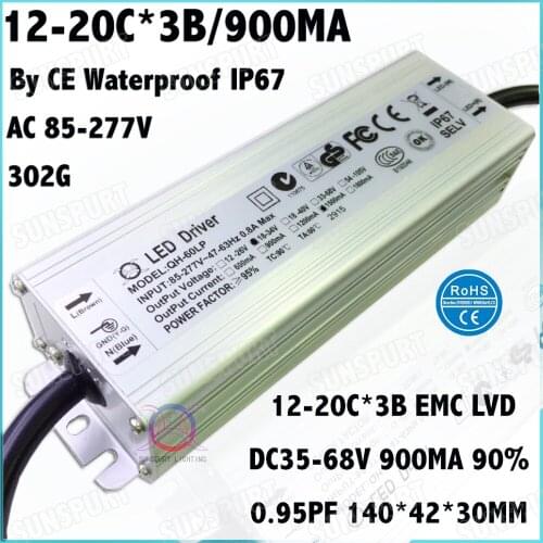 2Pcs By CE Waterproof IP67 PF 60W AC85-277V LED Driver 12-20Cx3B 900MA DC35-68V Constant Current For LED Spotlight Free Shipping