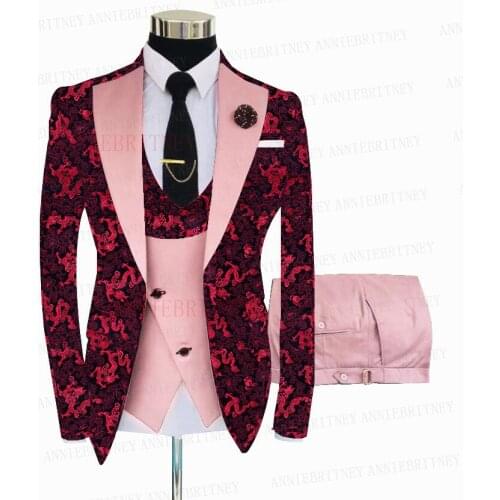 2021 Red Floral Printed Wedding Suits for Men Custom Slim Fit Formal Men Shiny Prom Dinner Suit Blazer Vest with Pants 3 Pieces