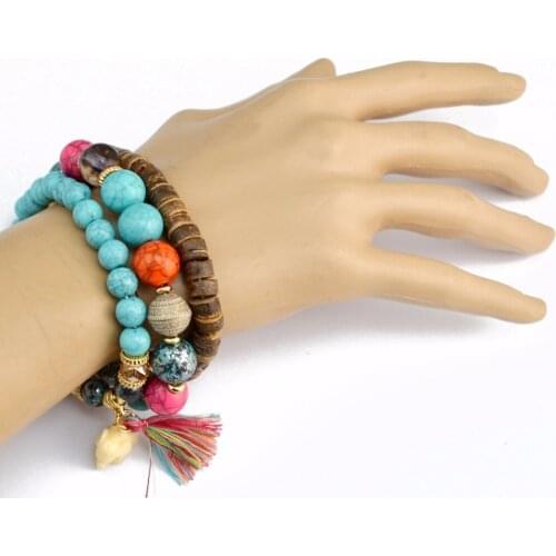 3Pcs/set Ethnic Bohemian Wooden Beaded Acrylic Stone Strand Bracelets & Bangles for Women Charm Best Friend Party Jewelry