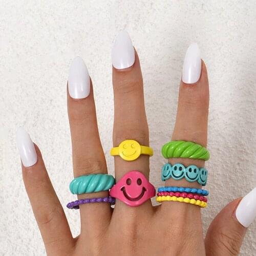 Fashion Jewelry 9pcs Candy Color Smiley Rings for Women Metal Vintage Fashion Punk Hip Hop Ring Set Charm Y2K 90s Aesthetic Gift