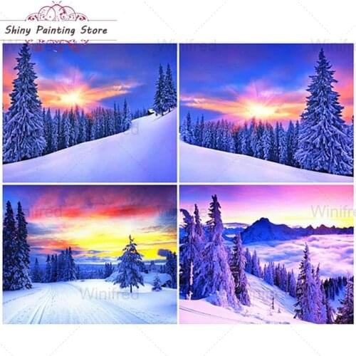 5D Full Diamond Painting Snow Sunset Pine Trees Landscape Diamond Embroidery Kit Beautiful Scenery Handicraft Decorative Mural