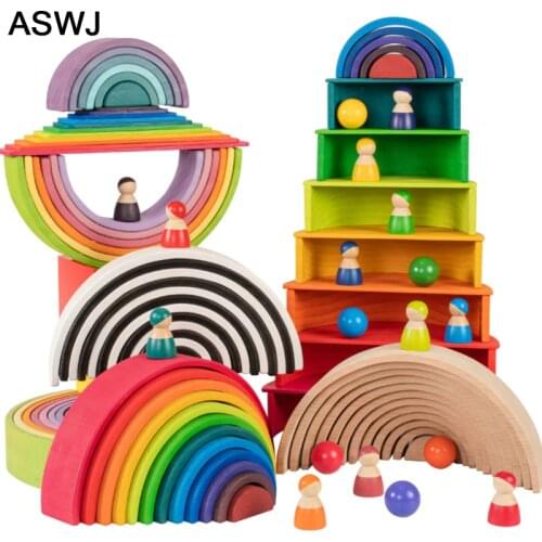 Large size Rainbow Stacker Wooden Building Blocks Baby Toys Creative Rainbow Building Blocks Montessori Kids Educational Toys
