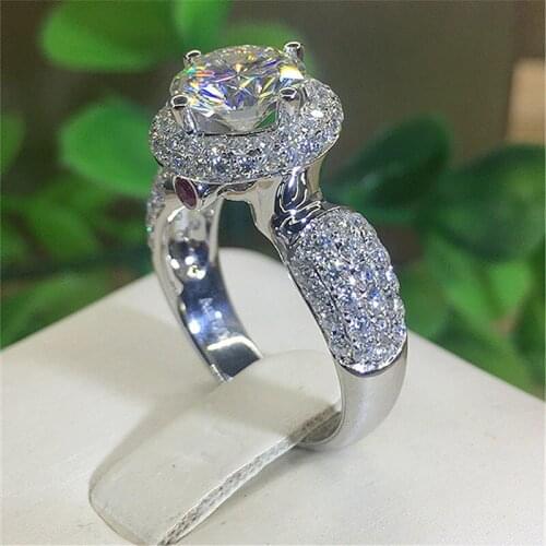 Solid 18K White Gold 1ct 6.5MM Round Engagement Bridal Set Center Cushion Cut Halo Moissanite Ring Set for Women