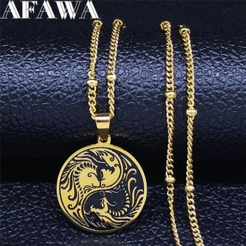 Yin Yang Gossip Dragon Stainless Steel Chain Necklaces for Women Gold Color Statement Necklace Jewelry colgante hombre NXS04