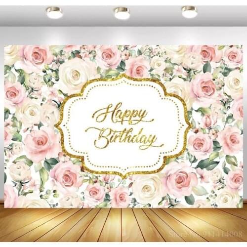 Floral Decoration Wall Happy Birthday Photography Background Rose Flowers Poster Women Celebration Photo Backdrops Photoshoot