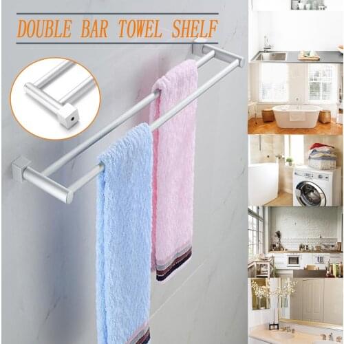 Bathroom Double Towel Rail Rack 2 Bar Space Aluminum Hanger Wall Mounted Towel Shelf Bath Rails Bars Holder 58x12cm