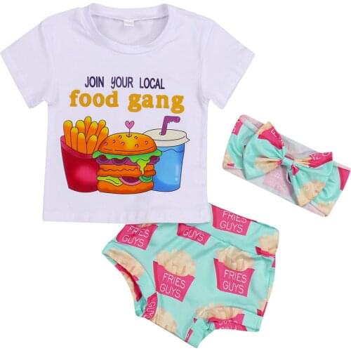 2021 0-24M Newborn Baby Girl Boy Clothes Hamburger Print Short Sleeve T-shirt Top+Potato Chips Shorts+Headband Cute Summer 3pcs
