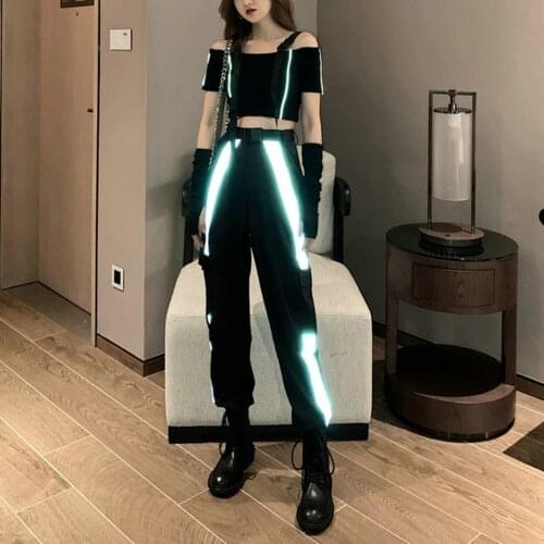 Gothic Reflective Patchwork Sweatpants High Waist Cargo Pants With Long Sleeve T Shirt And Belt Set Trousers Hip Hop Streetwear