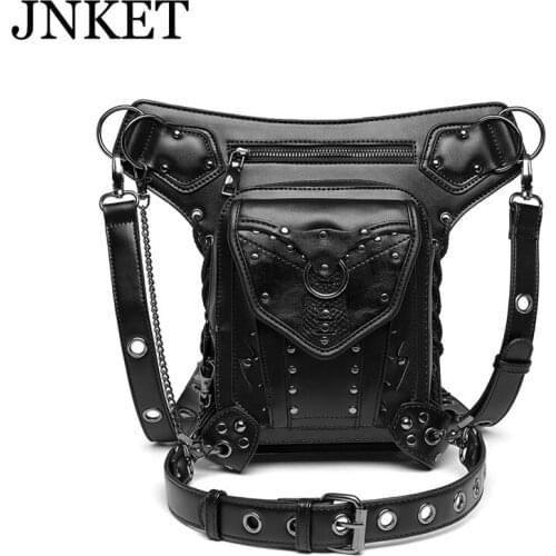 JNKET New Punk Rivet Motorcycle Bag Waist Bag Skeleton Chain Shoulder Bags PU Leather Crossbody Bags Travel Fanny Pack