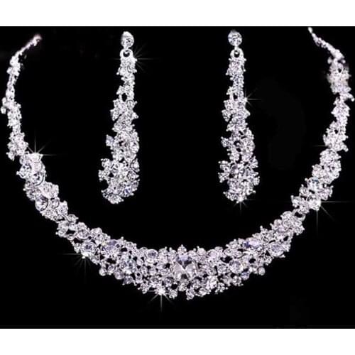 1set Women Rhinestone Crystal Collar Necklace Earrings Wedding Party Jewelry Set