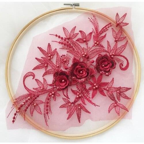 Lace Applique - 3D Beaded Embroidery Flower Applique - Wine Red - Red - Black - Off White - Gray - Pale Pink - Bridal Headband