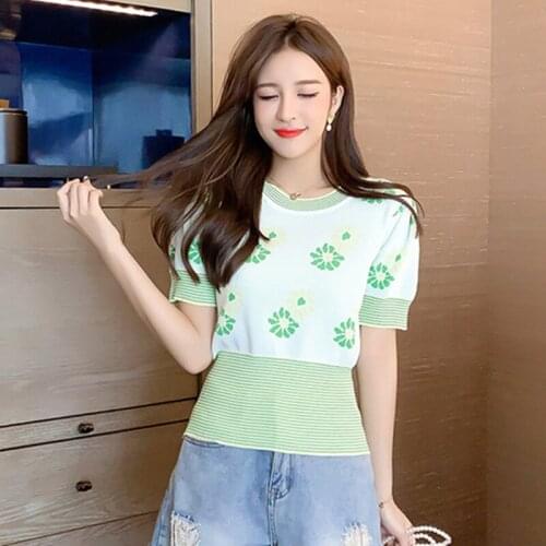 2020 Summer Women Sweet Daisy Knitted Tops Ladies Short Sleeve Sweater Top Pullover Knitwear
