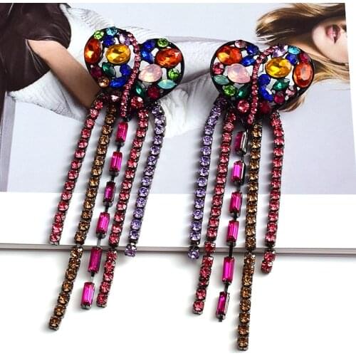 New Colorful Rhinestone Love Heart Long Chain Tassel Female Drop Earrings Dinner Party Wedding za Jewelry Accessories