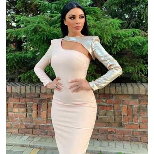 Wholesale 2020 Newest Women Black Beige Long sleeve Cut Out Sexy Night Club Celebrity Bandage Dress Knee Length