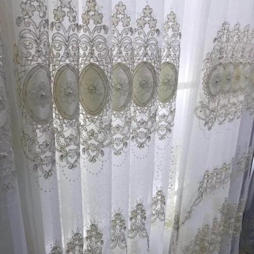 Luxury Velet Voile Curtain for Living Room Dining Room Lace Pearl Embroidered Sheer Fabric Wave Bottom Bay Window Drapes zh033C