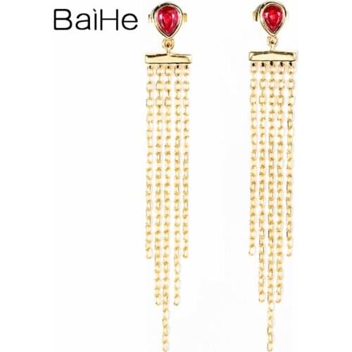 BAIHE Solid 18K Yellow Gold Pear 0.25ct Natural Bubis earrings Wedding Fine Jewelry Trendy ruby fringe earrings for women