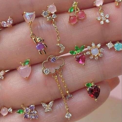 New INS Crystal Heart Peach Moon Bear Stud Earrings Y2K Jewelry Vintage Cute Shiny Star Earring Charm 90s Aesthetic Friends Gift