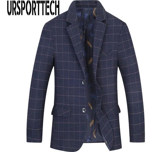 URSPORTTECH Men Blazer Britishs Style Business Casual Slim Fit Suit Jacket Male Plaid Blazer Men Coat Terno Masculino Plus Size