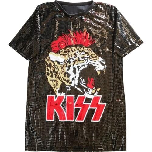 Europe Ins Hiphop Punk Cool Tiger Head Cartoon Sequined Long T-Shirt Women Casual Loose Tee Dress BF Harajuku Men Top Female