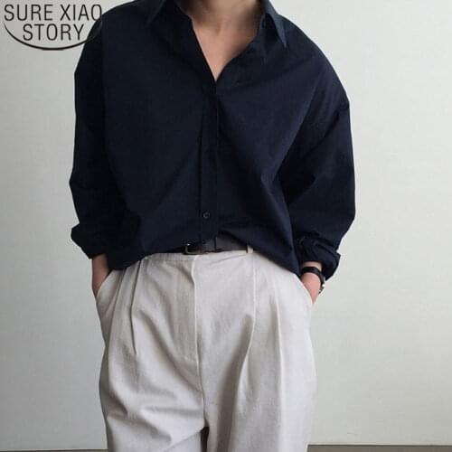 Vintage Solid Cardigan Shirts 2021 Women White Long Sleeve Shirt OL Style Loose Ladies Tops Autumn Korean Cotton Blouse 10156