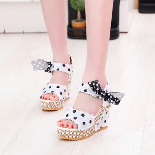 2021Women Sandals Dot Bowknot Design Platform Wedge Female Casual High Increas Shoes Ladies Fashion Ankle Strap Open Toe Sandals