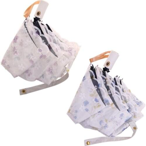 2 Pcs Automatic Lace Sun Umbrella Three-Folding Anti-UV Sun And Rain Dual-Purpose Parasol Ladies Umbrella, Purple & Blue