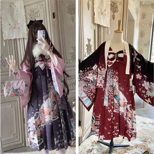 Japan Kimono Style Sakura Fox Spirit Print Womens Lolita 2PCS Set Dress Flare Sleeve Trench & Suspender Pleated Dress