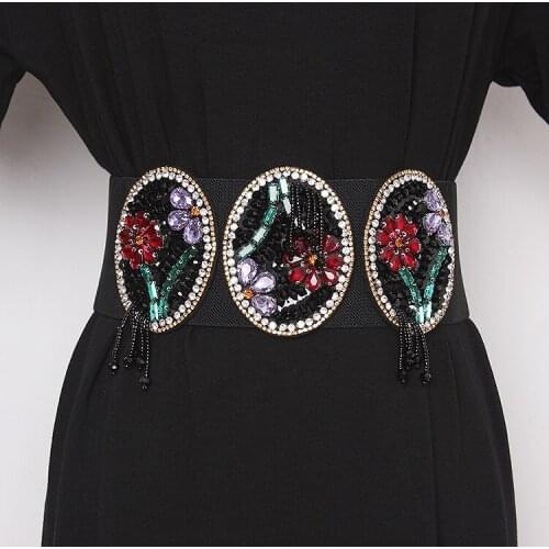 Womens runway fashion crystal beaded elastic Cummerbunds female Dress Corsets Waistband Belts decoration narrow belt TB1200