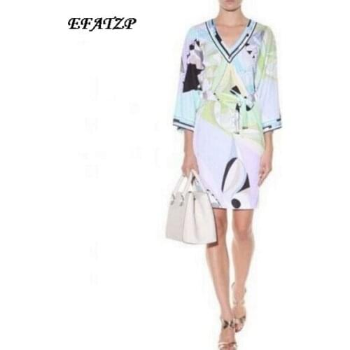 [EFATZP] Luxury Brand Runway Dress Womens V-Neck Colorful Geometric Print Color Block Jersey Silk Casual Dress With Sashes