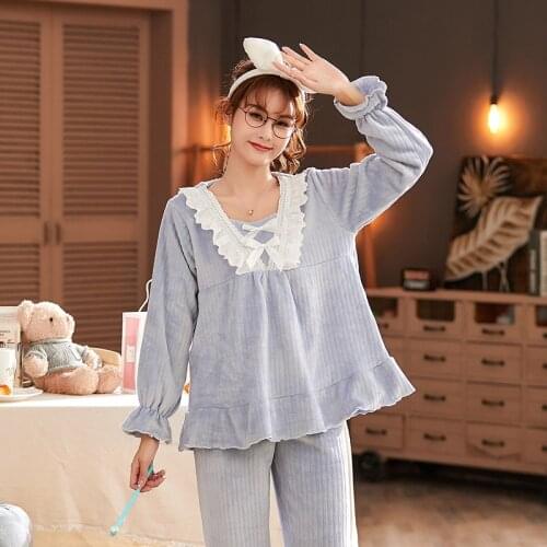 2021 Winter Thick Warm Long Sleeve Flannel Pajama Sets For Women Korean Cute Lace Coral Velvet Sleepwear Pyjama Homewear Clothes
