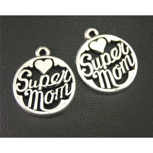 5pcs Silver Color Super Mom Round Charm DIY Metal Jewelry Findings 22x19mm A1897