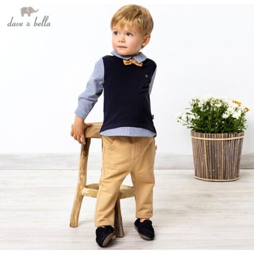 DB16732 dave bella spring baby boys casual removable bow clothing sets kids fashion long sleeve sets children 2 pcs suit