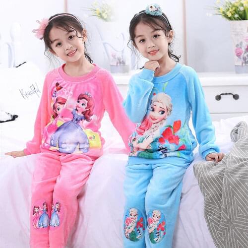 Childrens Pajamas Autumn and Winter Flannel Princess Elsa Pajamas Girls Coral Velvet Childrens Thickened Home Wear Set