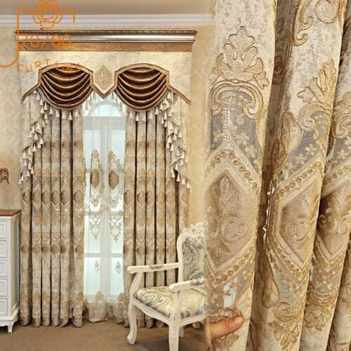 European and American luxury high quality elegant beige chenille embroidered blackout curtains for living room windows bedroom