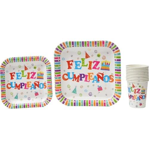 FELIZ CUMPLEANOS Happy Birthday Party Supplies Square Tablewares Plates Napkins Dinnerware Graduation Wedding Decoration