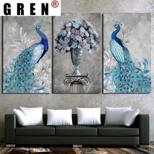 GREN 3 Panels Modern Canvas Painting Elegant Peacock Blue Rose Flower Printed Wall Art Animal Picture Poster Room Home Decor