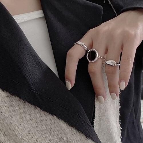 S925 Silver Rings for Women Irregular Opening Resizable Black Drop Glue Minimalist Ring Jewelry Accessories