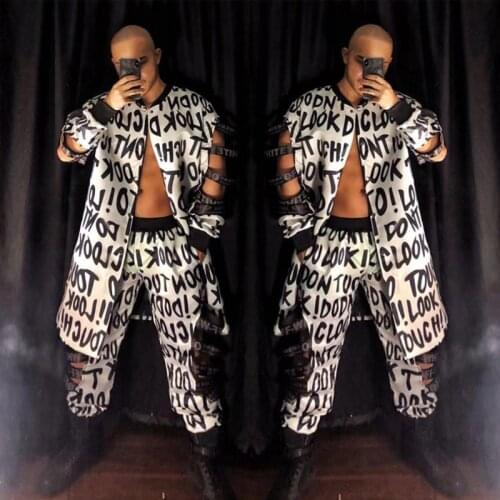 2 Pieces Mens Set Male Singer DJ Hip Hop Rock DS Clothing Hollow Out Letter Jacket Pants Graffiti Party Gogo Costume XS2436