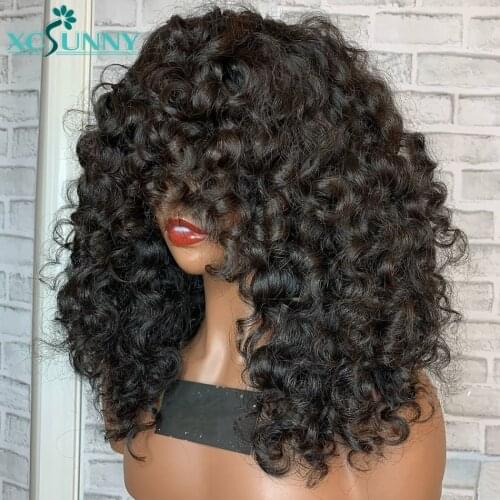 200 Density Short Curly Human Hair Wigs With Bangs Scalp Top Full Machine Made Wig Remy Brazilian Jerry Curl Wig Xcsunny