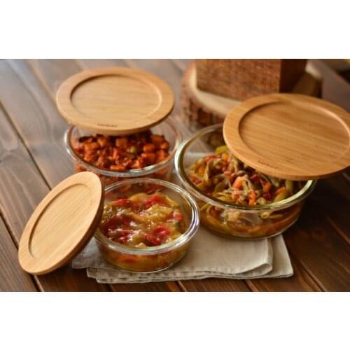 Lavi Round 3 Pcs Set | 400-620-950 ML | Home-Kitchen | Bamboo-Glass | Made in Turkey