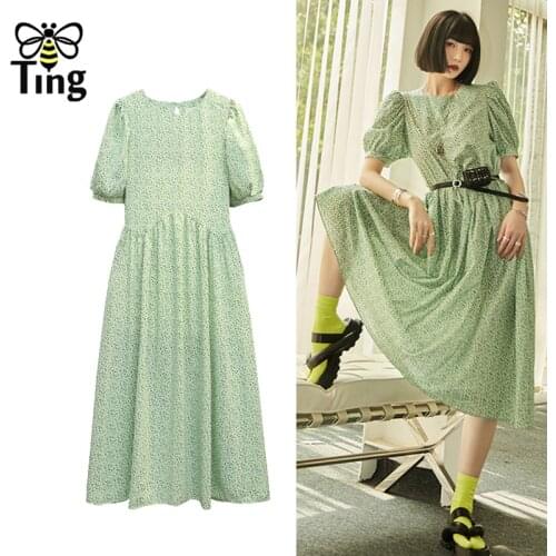 Tingfly Summer Vintage Puff Sleeve Floral Midi Long Casual Dress Backside Cut Out Chic Loose Relax Dresses Women Clothing Trendy