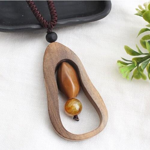 Natural Wooden Pendants Statement Necklace For Women Men Sandalwood Stone Punk Long Sweater Chain Adjustable