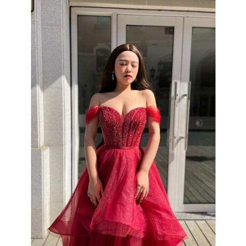 Red Gowns Fashion Ladies V-Neck For Sleeveless Eveningdress A-Line Luxury Host Dress1624 For Women Wedding