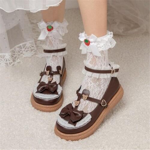 PXELENA Japanese Lolita Mary Janes Flat Shoes Girls Princess Bear Lace Ruffles JK LO Cosplay Uniform 2022 Spring Plus Size 34-43