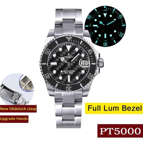 Cronos Luxury Mens Diver Watch Stainless Steel Carbon Fiber Dial Brushed Bracelet Ceramic 20bar Automatic Watches