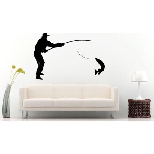 Fisherman Catching A Huge Fish Silhouette Vinyl Wall Decals Home Special Decor Wall Murals Fishing Art Removable Wallpaper Q-59