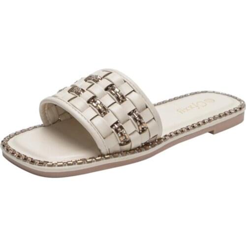 Summer Luxury Women Slippers Rhinestone Flat Open Toe Flip Flop Fashion Weave Ladies Shoes Non-slip Casual Ladies Sandals