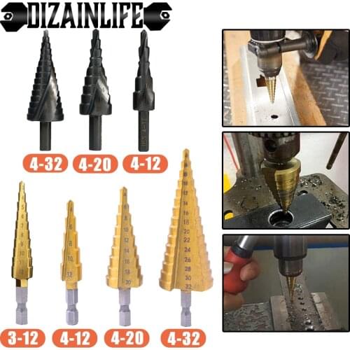 12/20/32mm HSS Step Drill Bit Titanium Twist Stepped Cobalt Cone Straight/Spiral Groove Drill Wood/Metal Tapered Hole Cutter