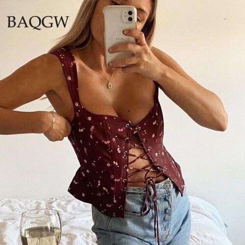Floral Print Lace Up Camis Crop Top Women Sexy Hollow Out Backless Cropped Bandages Club Party Sleeveless Tops Vintage Clubwear