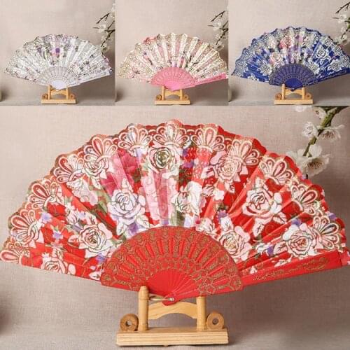 Chinese Style Fan Flower Pattern Folding Dance Wedding Party Lace Silk Folding Stamping Hand Held Fan Girl Women Photo Prop